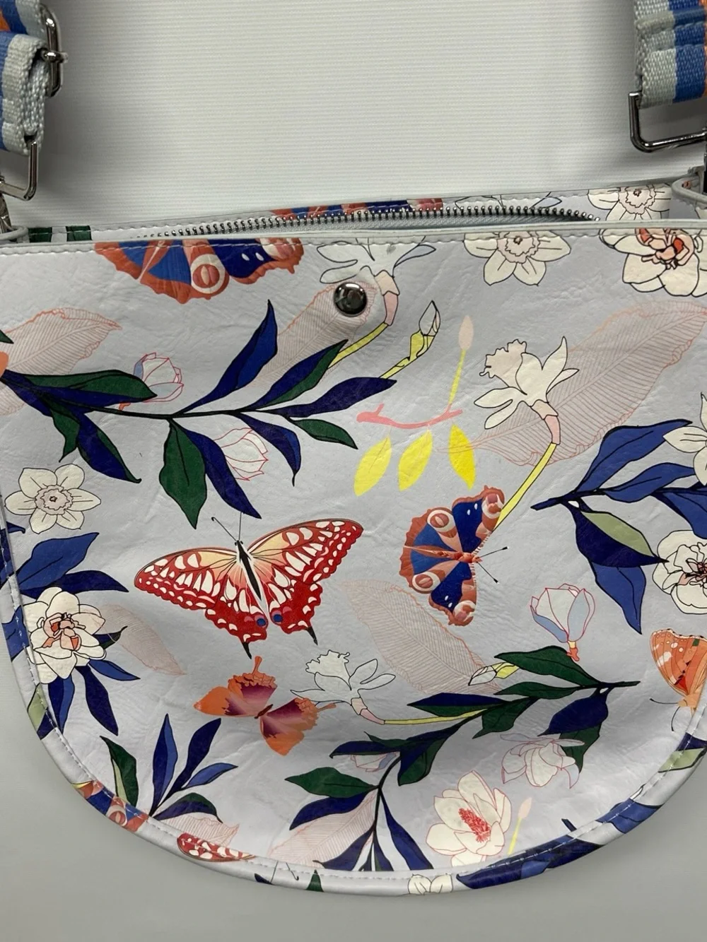 Anthropologie Light Gray Floral & Butterfly Crossbody with Striped Strap